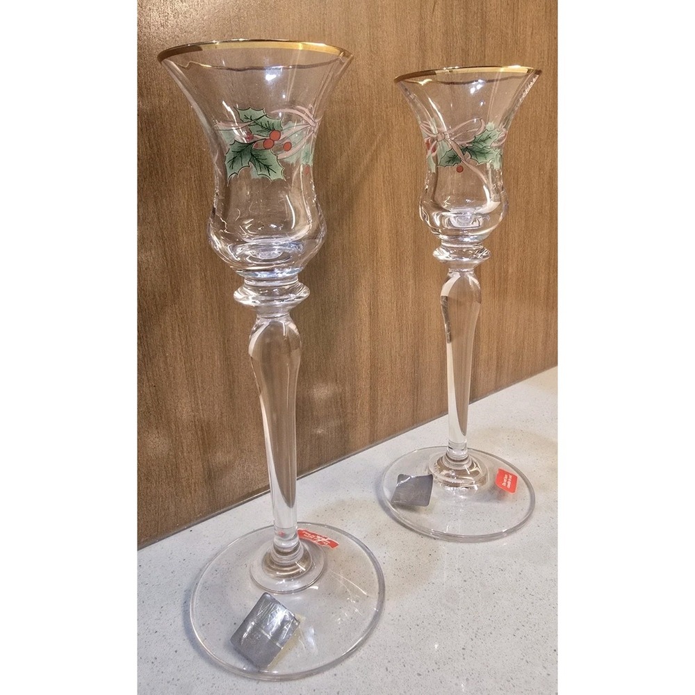 Set 2 Mikasa Fine Crystal Holiday RIBBON HOLLY 7 3/4" Candlesticks Gold Trim